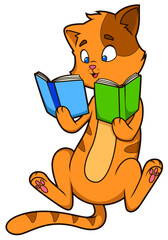 Die Katze liest konzentriert zwei Bücher gleichzeitig – ein echter Bücherwurm!
