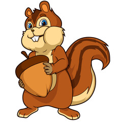 Das niedliche Eichhörnchen hält eine große Eichel fest in seinen Pfoten.
