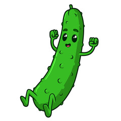 Die Gurke ist grün, fröhlich und jubelt mit erhobenen Armen.
