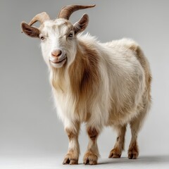 Fototapeta premium Fluffy white goat with curved horns standing against a neutral background.