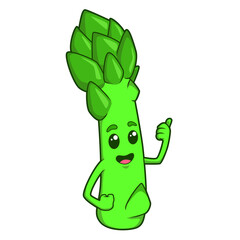 Der grüne Spargel lacht selbstbewusst und gibt den Daumen hoch.
