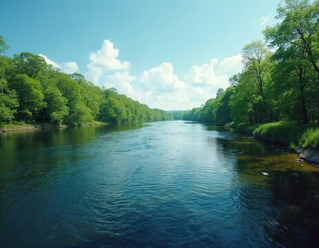 Scenic river flows green trees on the banks under blue skies. Serene fresh water, forest landscape, nature background. Beautiful summer day, idyllic nature, Columbia, South Carolina.