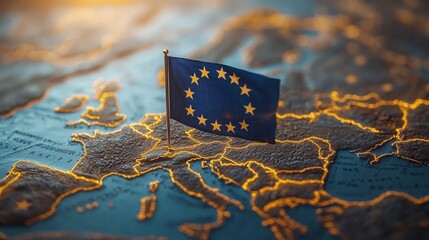 A flag representing the European Union is prominently displayed on a map of Europe, 