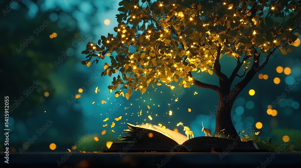 Poster an image shows an open book resting on a wooden table near a tree illuminated with yellow lights, wh