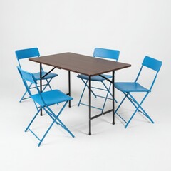Brown table surrounded by four blue folding chairs isolated on gray background