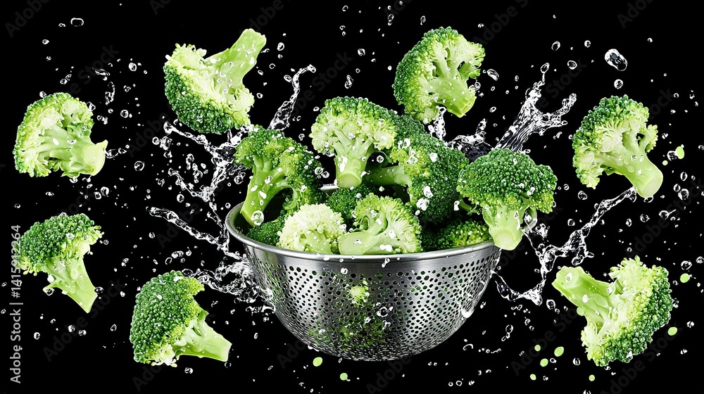 Poster a colander filled with broccoli on a black background with water splashing off