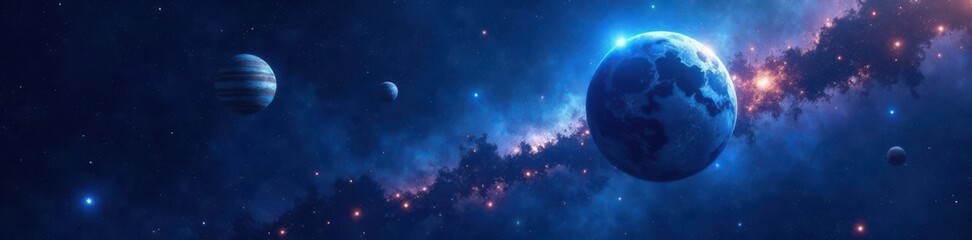 Fototapeta premium Celestial bodies floating in a dark blue cosmic sea, vastness, galaxy