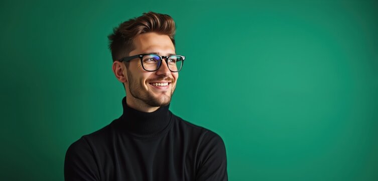 Happy young man with stylish eyeglasses smiles. Trendy guy wear black turtleneck, looks aside. Cheerful male with beard on green background. Casual look, studio shot.