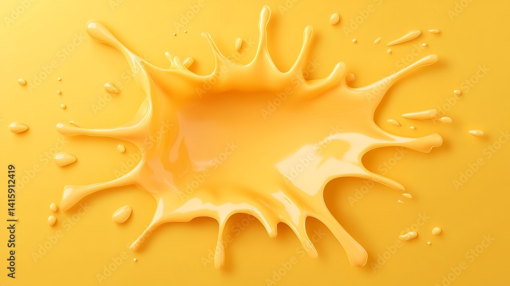 Poster yellow fluid splash creates an abstract design with droplets on a monochrome surface.