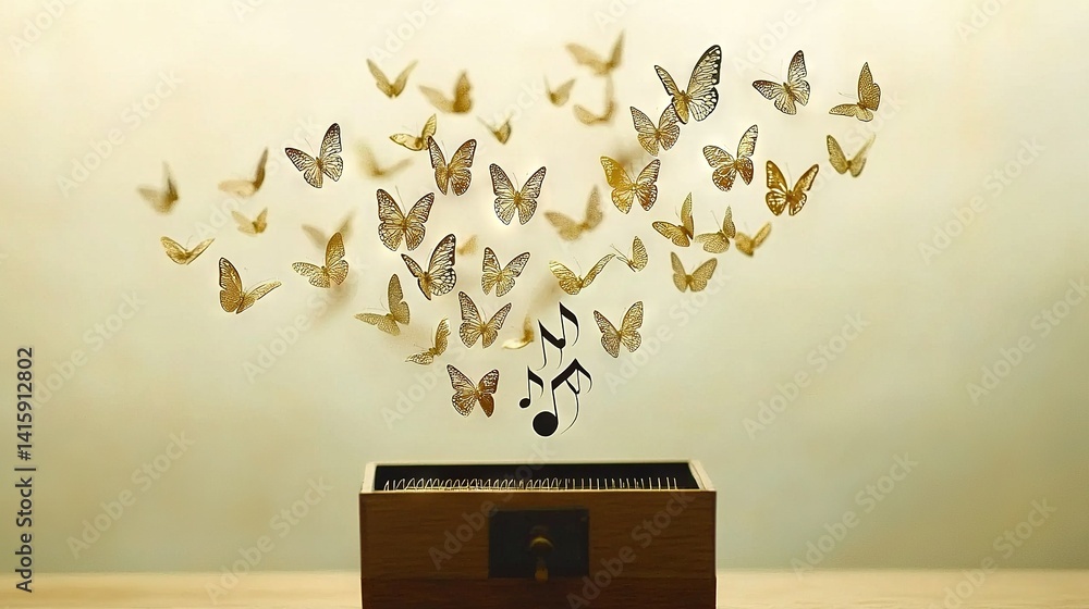 Poster a music box with a swarm of butterflies emerging from its lid and music notes streaming from the top