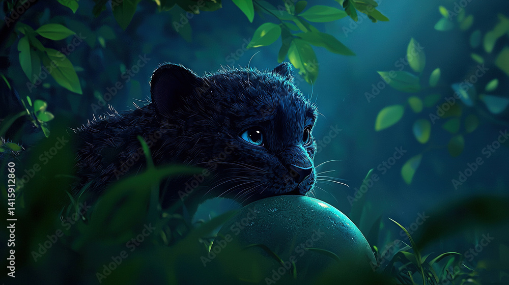Poster a close-up image of a cat holding a ball in its mouth while surrounded by grass and a tree in the ba