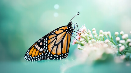 Fototapeta premium A sharp focus on a butterfly perched on a vibrant flower against a soft-focus background and a bright blue sky
