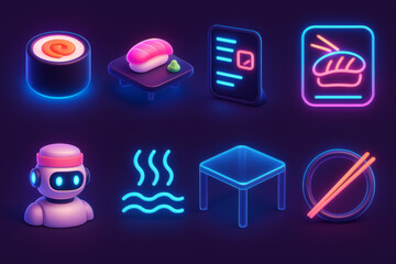 Neon sushi icons and robotic imagery with futuristic minimalist design in vibrant colors