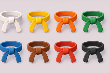 Eight colored martial arts belts displayed on light background