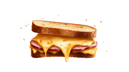 Grilled cheese sandwich melts with visible ham on toasted rye bread against a black background!