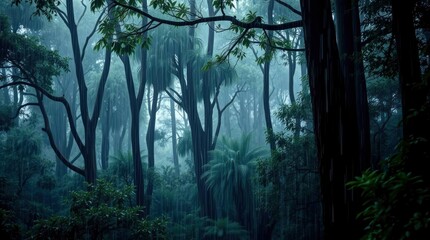 Naklejka premium Rain-Kissed Rainforest: A Serene, Moody Tropical Scene