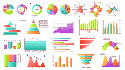 Collection of colorful infographic elements including pie charts, bar graphs, line charts, pyramids, and radar charts on white background. Vector illustration
