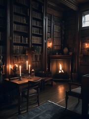 A moody library interior with vintage books, candlelight Vintage Bookshelf with Old Bound, Sunlit Books