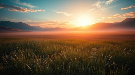 Fototapeta premium Serene Sunset: Golden Meadow and Misty Mountains