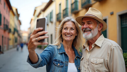 Happy senior couple taking selfie in historic town. Smiling mature woman man with mobile phone captures memory during vacation in city. Elderly tourists enjoy travel, sightseeing on summer holiday.