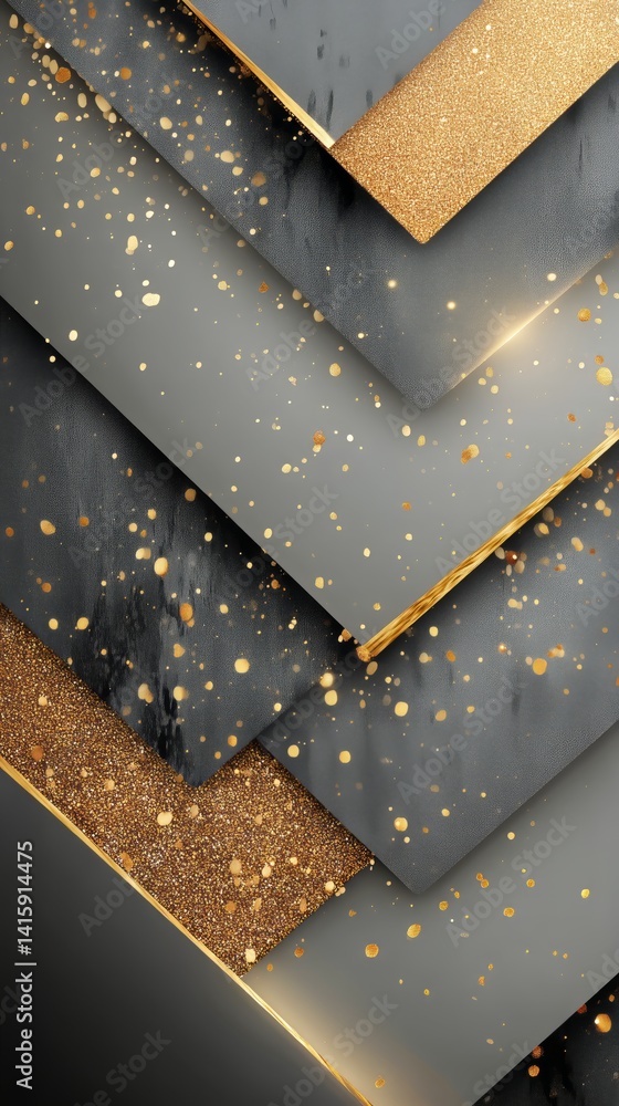 Poster layers of textured gray and gold surfaces with sparkling accents create a modern design pattern