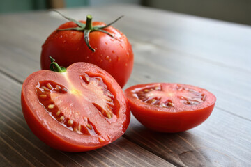The tomato is cut in half and laid on a wooden table