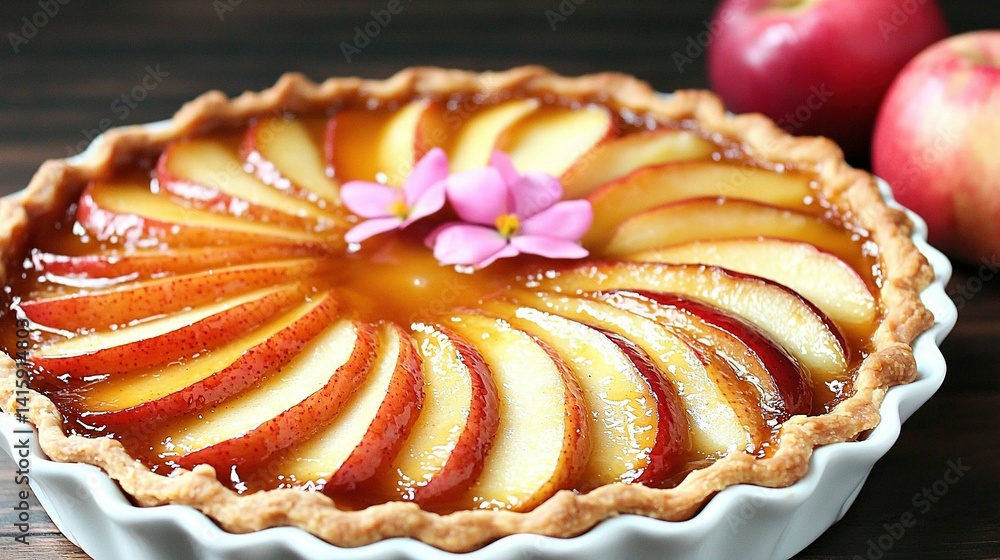 Poster a photo captures a pie on a table surrounded by apples and a flower in its center