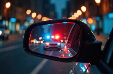 Police car with flashing lights driving on city street at night. Rearview mirror reflection shows emergency vehicle. Law enforcement, public safety, urban scene, crime, alert, warning, pursuit.