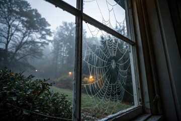 A spider web is seen through a window on a rainy day