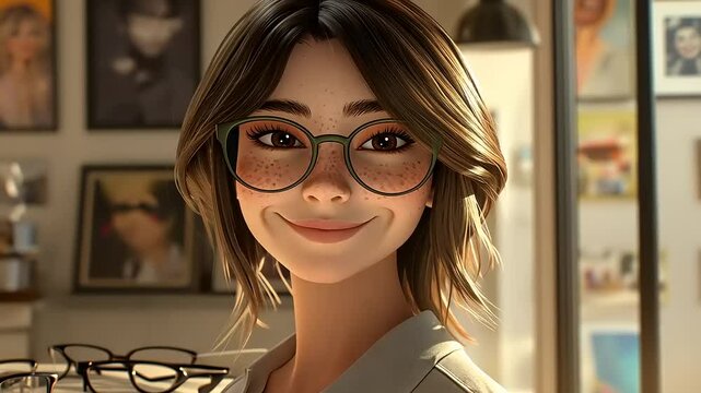 Young woman with glasses smiling in a stylish eyewear store surrounded by frames