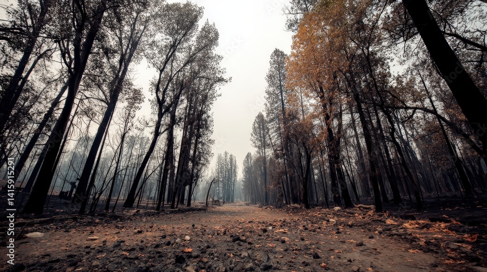 Poster burnt forest landscape with charred trees and a hazy sky, depicting the aftermath of a wildfire.