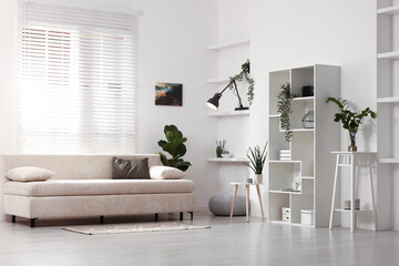 Shelving unit with decor and green houseplants in living room