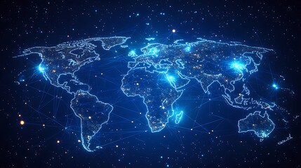 Digital World Map with Glowing Network Connections
