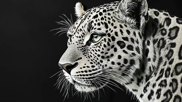 Close-up profile of a black and white leopard on a black background