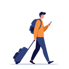 Young man walking with rolling suitcase and backpack using smartphone flat minimal vector illustration