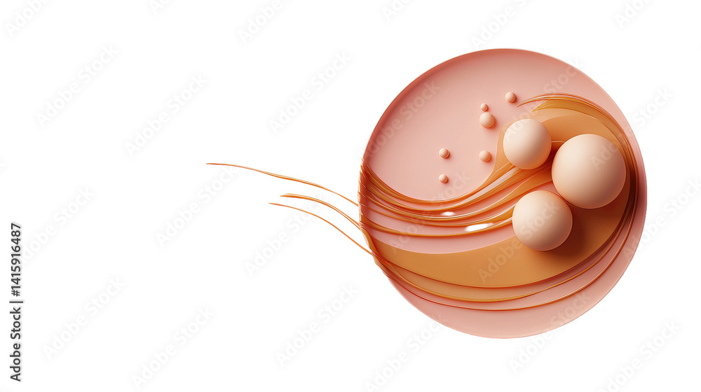 Poster abstract spheres rest on a circular platform with layered curved lines, contrasted against a dark ba