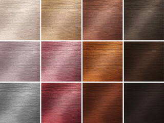 Hair color palette. Collage with samples of hair dyed in different shades