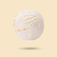 Ice cream scoop in air on beige background. Yummy dessert