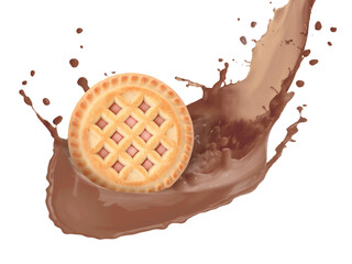 Chocolate milk splash and yummy cookie in air on white background