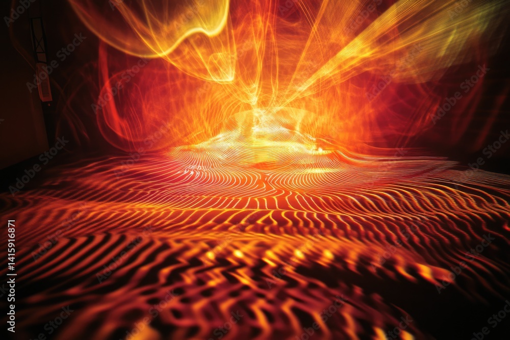Poster abstract fiery landscape with glowing lines and waves, creating a surreal and mesmerizing scene.