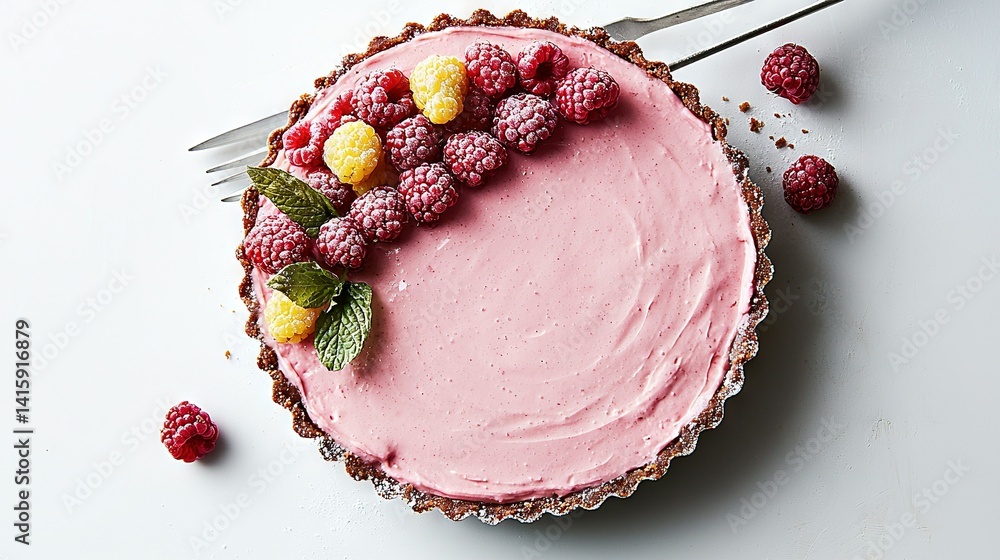 Poster a close-up of a cake on a table with raspberries on top and a fork stuck into it