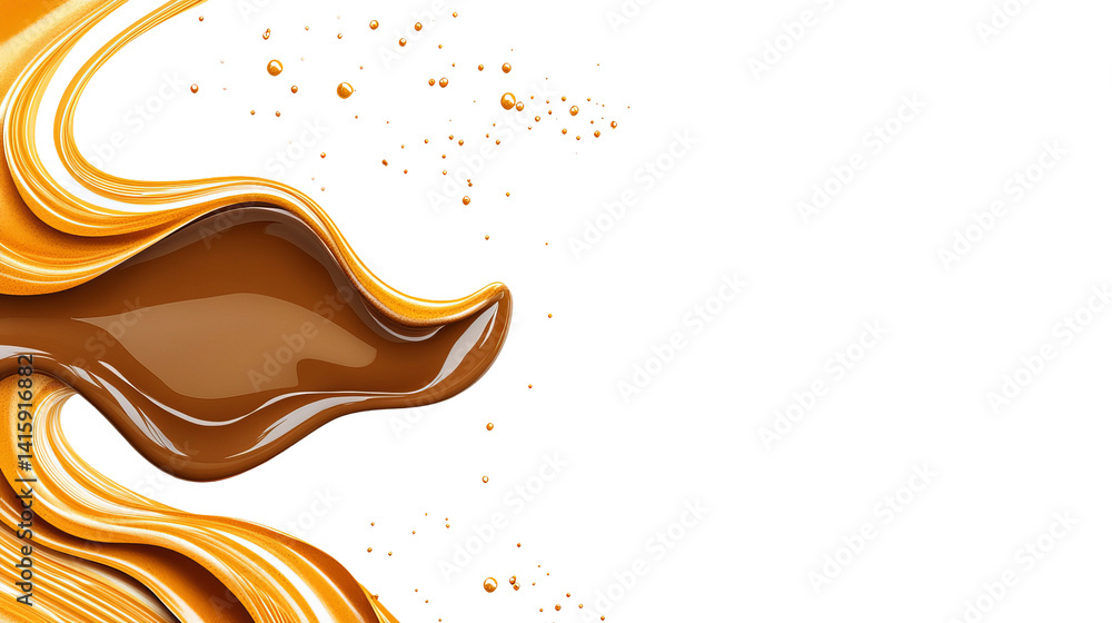Poster caramel is flowing with a liquid texture against a dark background and a splash of droplets.