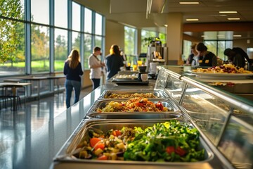 A bright cafeteria offers a variety of healthy salad options for lunch, with people enjoying the sunny atmosphere.