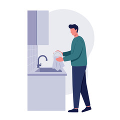 Young man drying dishes with towel in modern kitchen flat design vector illustration