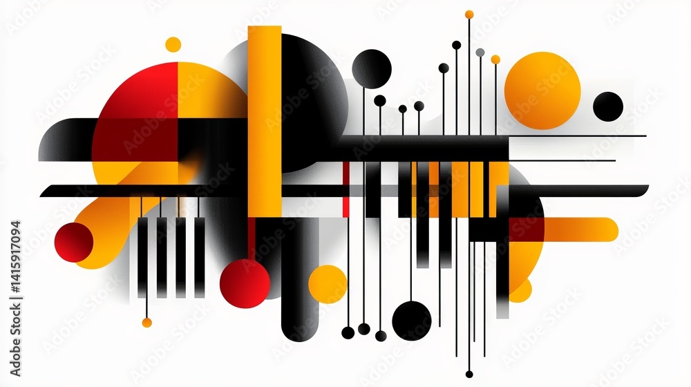 Poster abstract composition featuring geometric shapes displays a dynamic arrangement of circles, rectangle