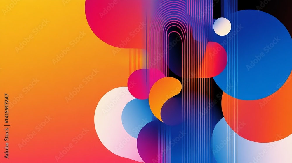 Poster abstract geometric artwork presents colorful circles and parallel lines against a gradient backgroun