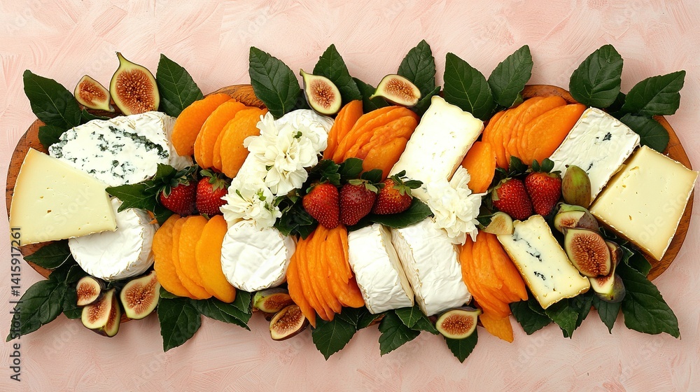 Poster a colorful array of fruits and cheese arranged on a pink plate with surrounding greenery