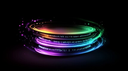 Abstract glowing rings display streaming binary code against a stark black background.