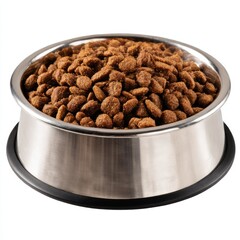 Bowl full of dog food pellets on white background