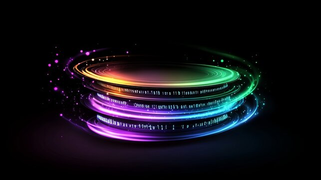 Abstract glowing rings display streaming binary code against a stark black background.